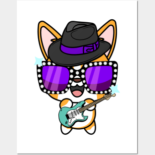 Cute Corgi jamming on the guitair Posters and Art